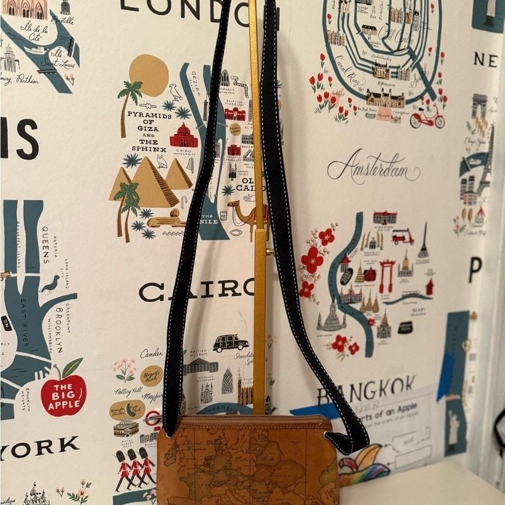 Alviero Martini 1a Classe Geo Map Crossbody Bag Tan Small Travel Pouch Italy - Picture 3 of 6